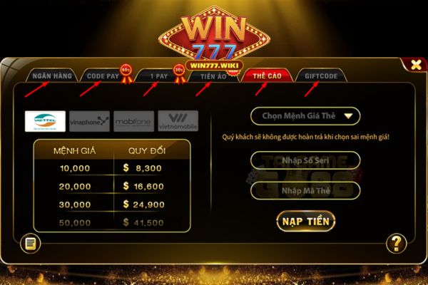 Win777 có đa dạng phương thức nạp tiền cho cược thủ tham gia 